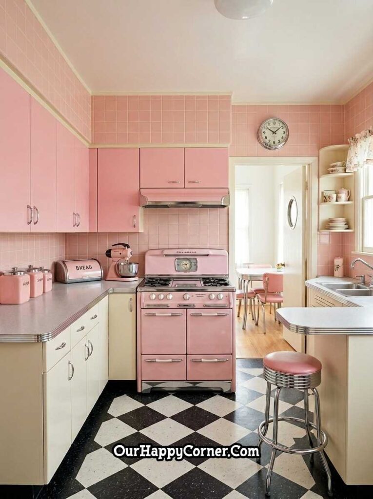 Full 1950s pink tile kitchen with vintage Chambers range and black and white checkered floor
