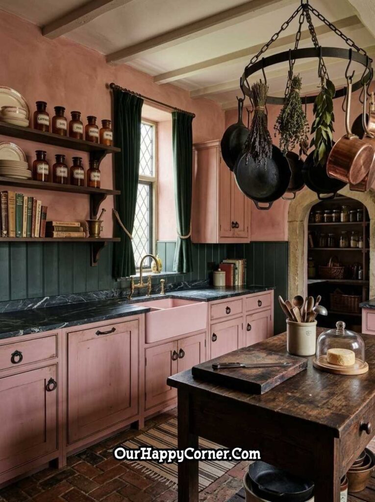 Moody pink plaster kitchen with dark green wainscoting and cast iron pot rack
