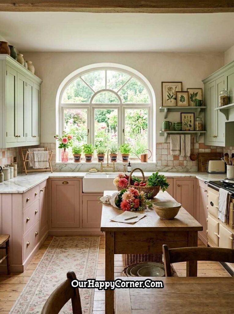 Dusty rose and sage green kitchen with arched farmhouse window and herb garden
