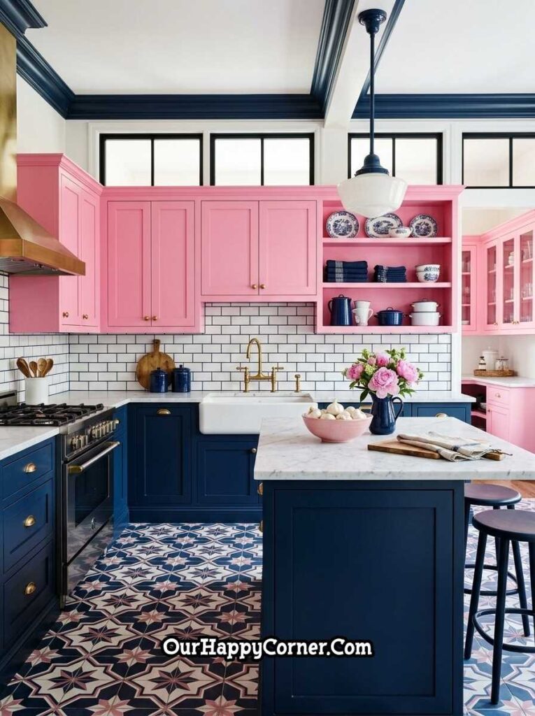 Bold pink and navy blue kitchen with geometric tile floor and marble island
