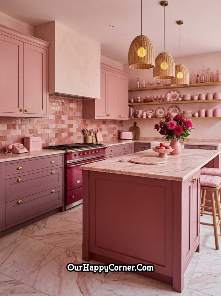 Maximalist pink kitchen with rattan pendants, crimson French range, and marble island

