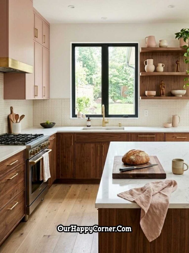 Blush pink and dark walnut modern farmhouse kitchen with gold hardware
