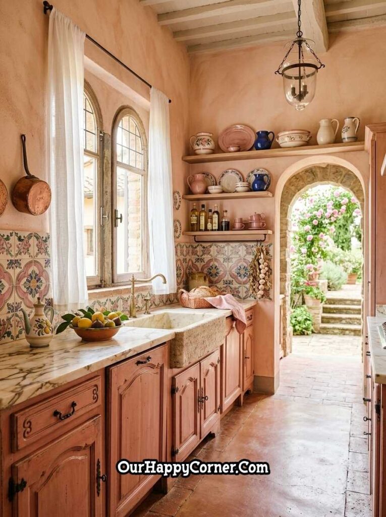 Peach-pink Italian kitchen with hand-painted tile backsplash and arched garden doorway
