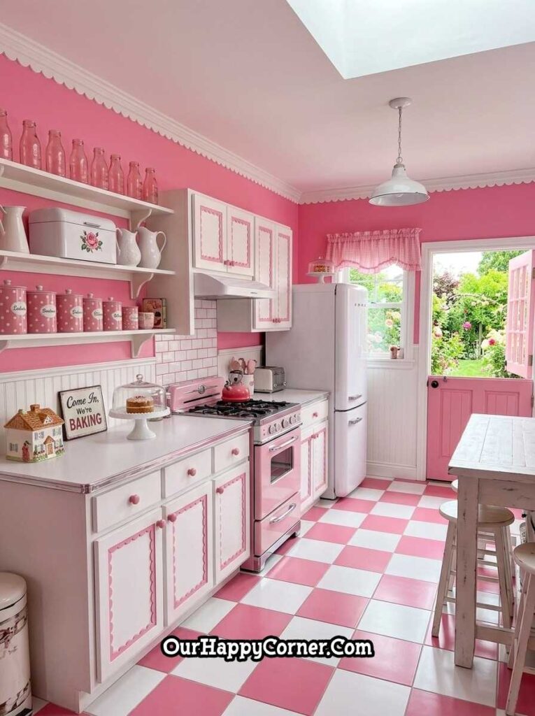 Bright candy-pink bakery kitchen with white scalloped cabinets and pink checkered floor
