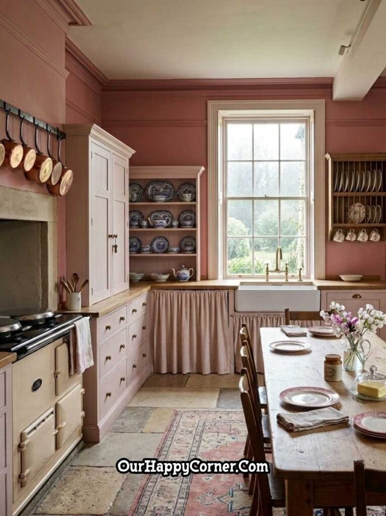 Dusty rose English country kitchen with Aga range, blue transferware, and farmhouse table
