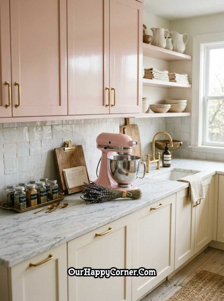 Blush pink upper cabinets with cream lowers, marble countertop, and pink KitchenAid mixer
