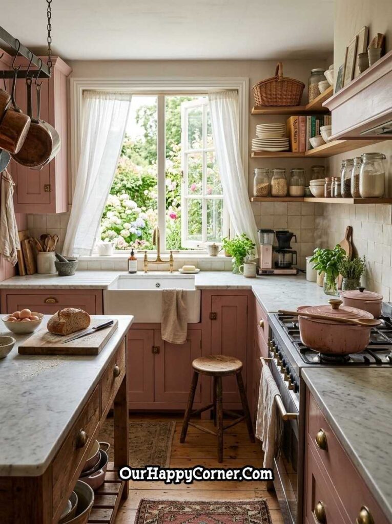 Compact rose pink cottage kitchen with marble countertops and hydrangea garden view


