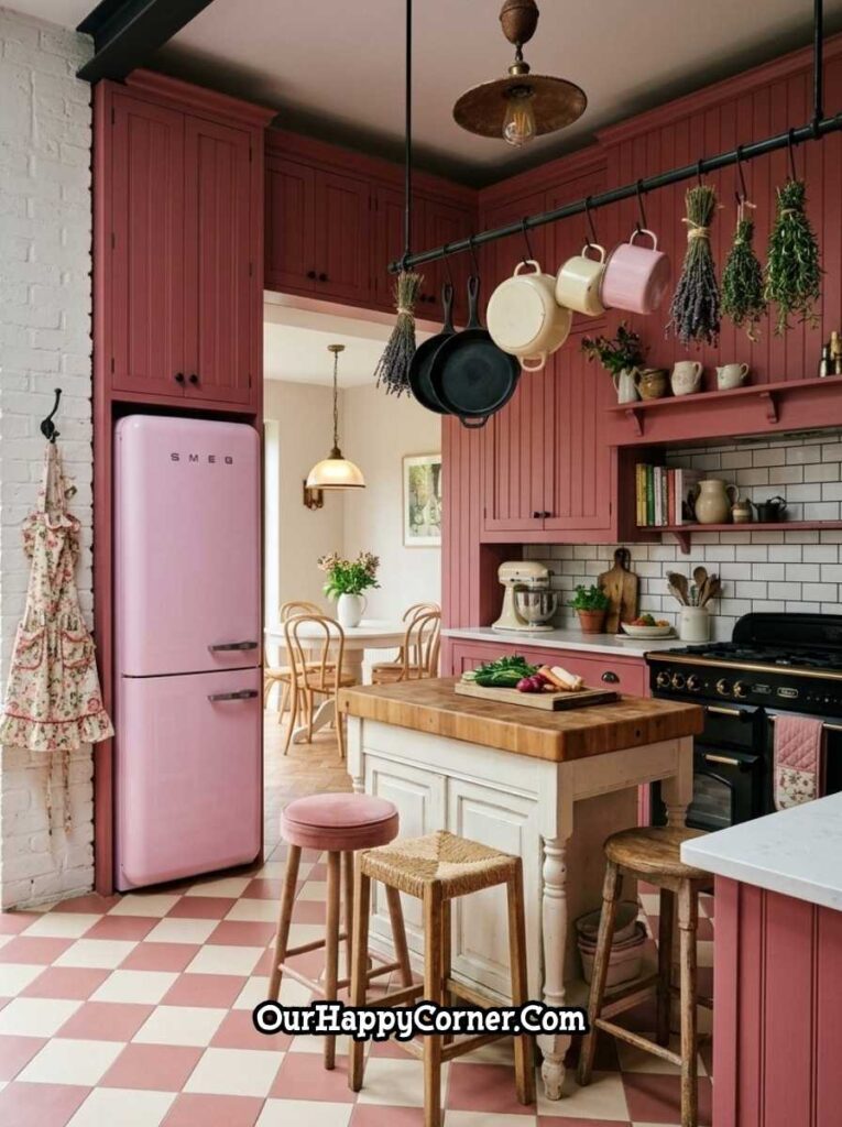 Deep rose beadboard kitchen with pink SMEG fridge and checkered floor tiles
