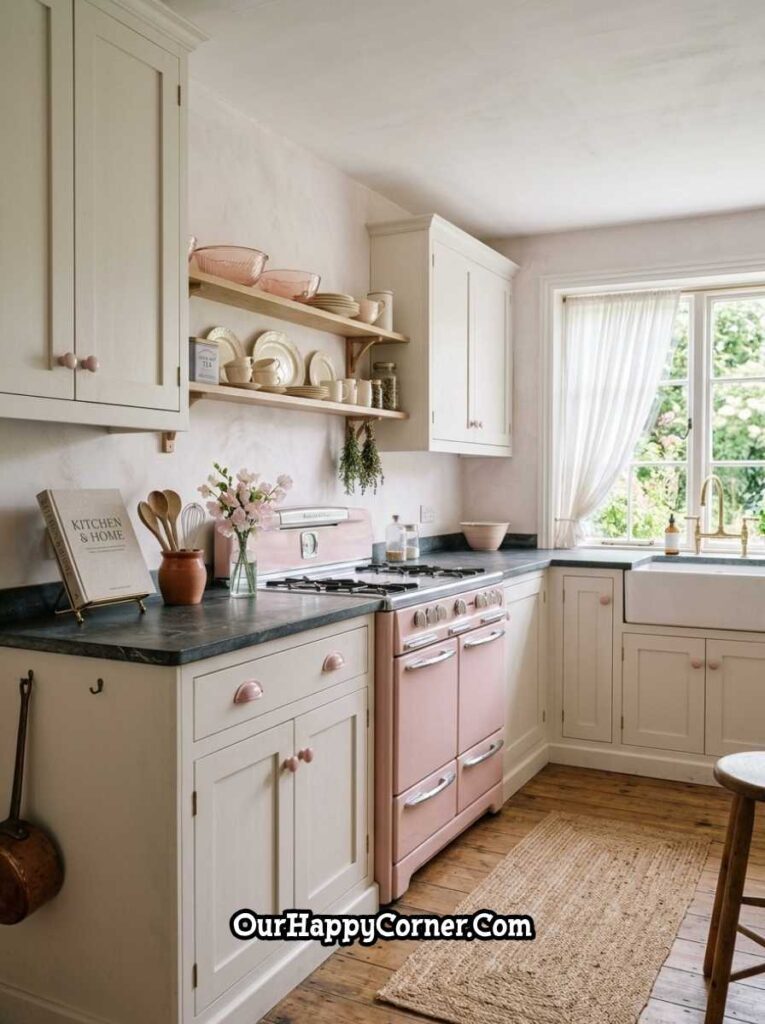 Cream English cottage kitchen with retro stove and farmhouse sink
