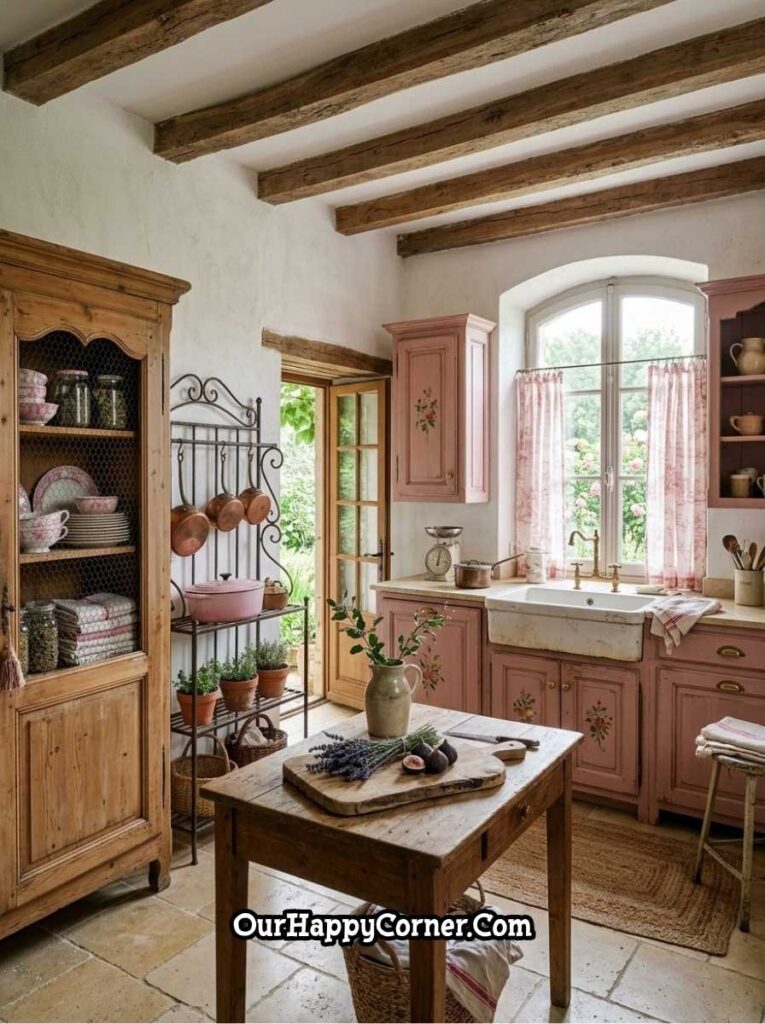 French Provence kitchen with hand-painted pink cabinets, stone floor, and arched window
