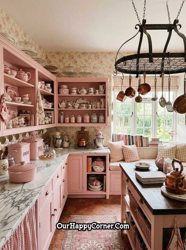 Maximalist pink cottagecore kitchen with floral wallpaper, open shelving, and copper pot rack
