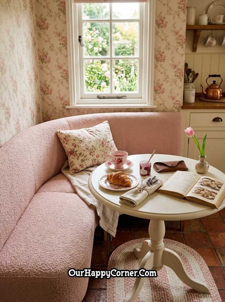 Blush boucle breakfast nook banquette with floral pillow and terracotta tile floor

