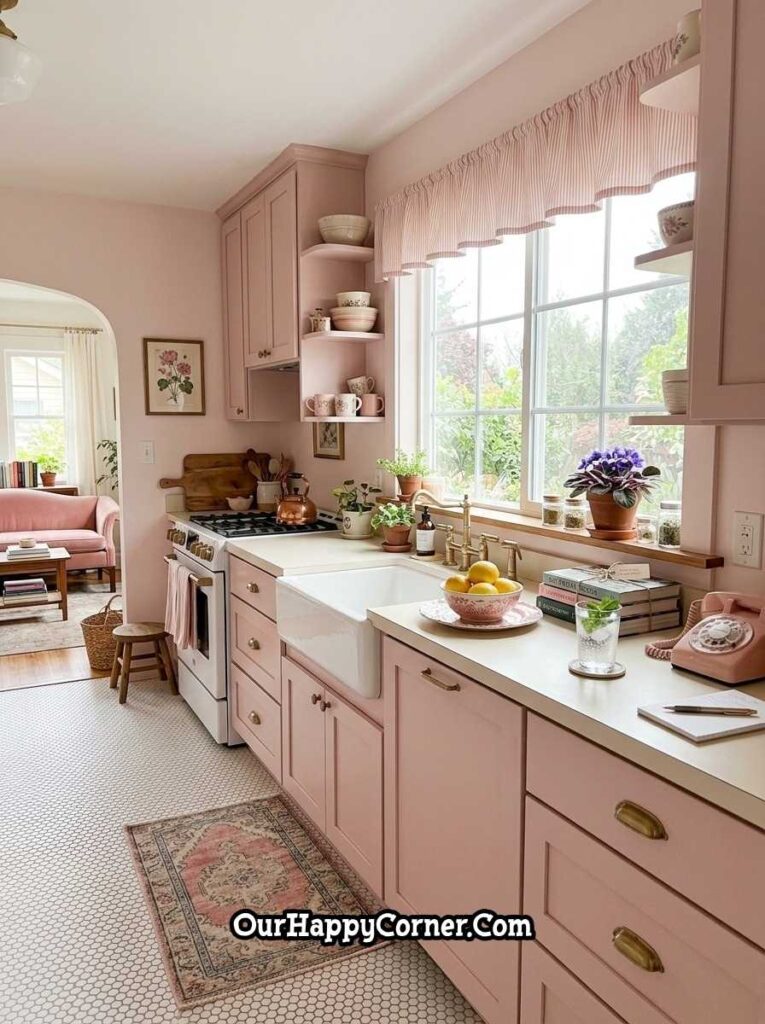 Soft pink American kitchen with brass hardware, vintage rotary phone, and garden view window
