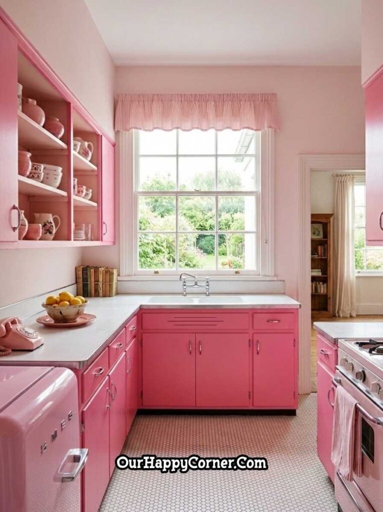 Hot pink 1960s retro metal kitchen with chrome accents and SMEG fridge

