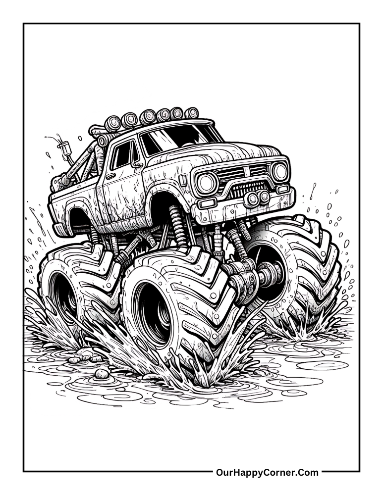 Monster truck driving through mud