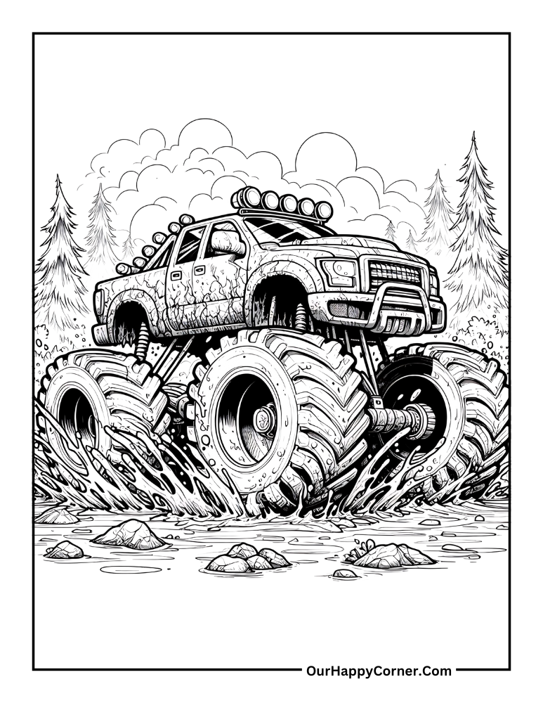 monster truck driving through muddy road