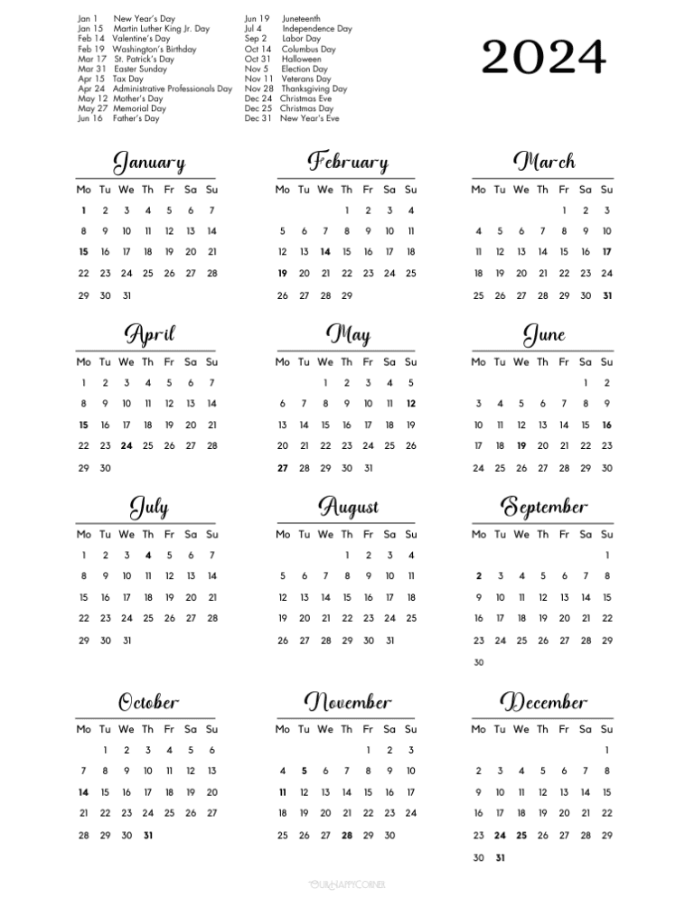 Free 2024 Yearly Calendar Printable - Our Happy Corner