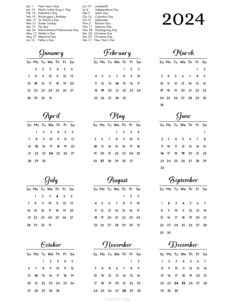 Free 2024 Yearly Calendar Printable - Our Happy Corner