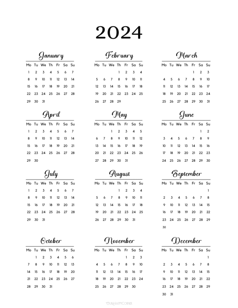 Free 2024 Yearly Calendar Printable - Our Happy Corner