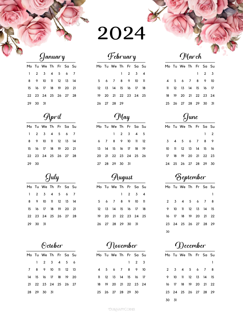 Free 2024 Yearly Calendar Printable - Our Happy Corner