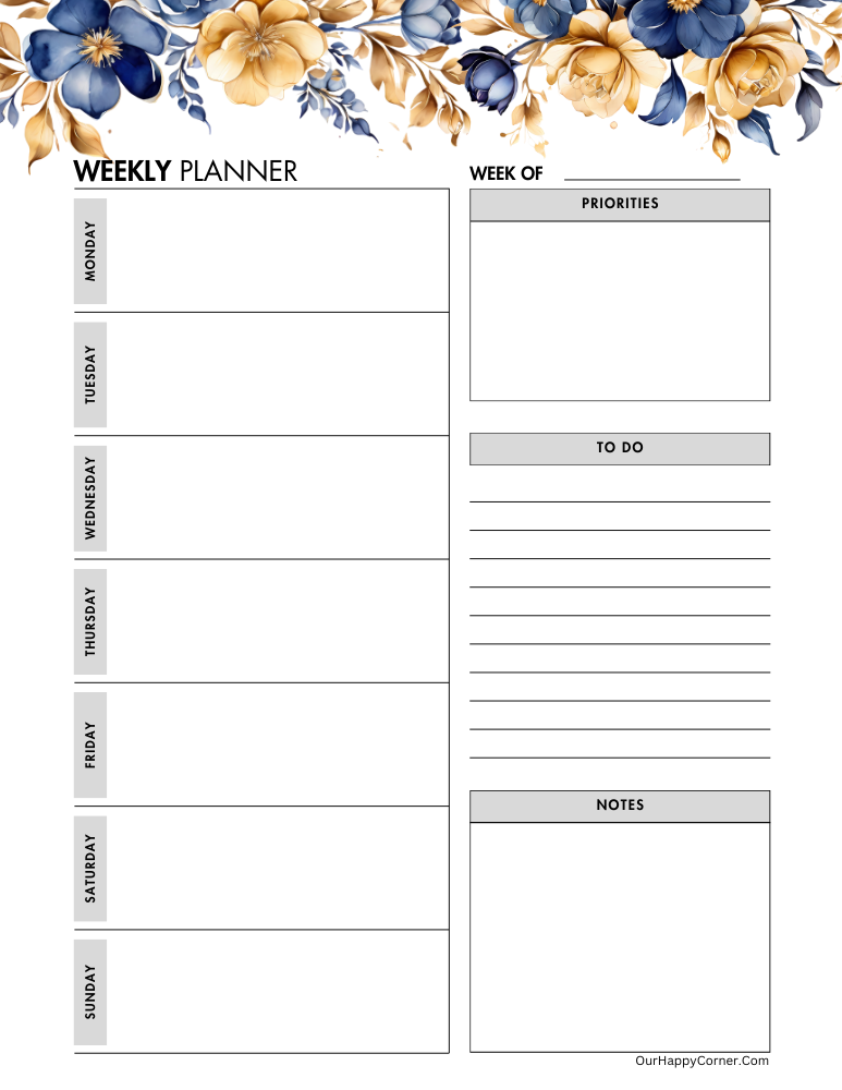 Blue and Gold Floral Weekly Planner 