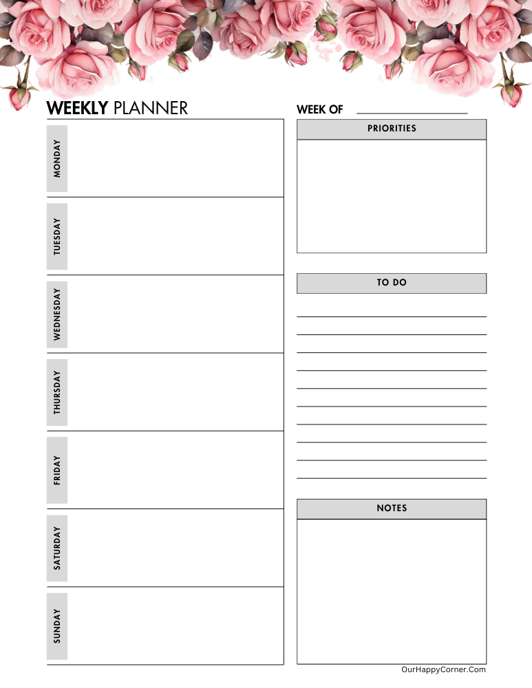 Pink roses decorated weekly planner