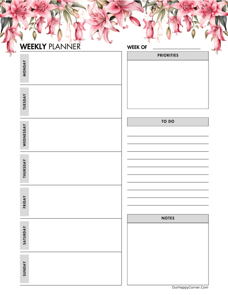 Floral Weekly Planner Free Printable - Our Happy Corner