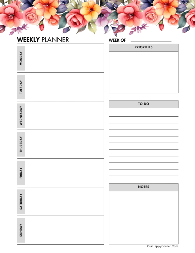 Floral Weekly Planner Free Printable - Our Happy Corner