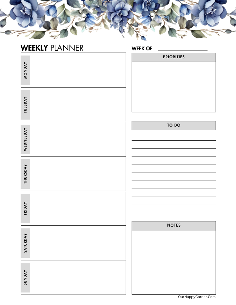 Planner decorated in blue flowers