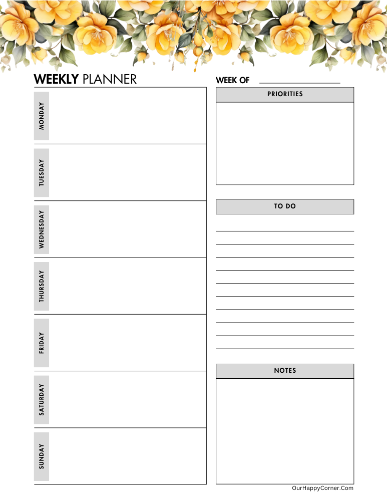 Yellow floral weekly planner