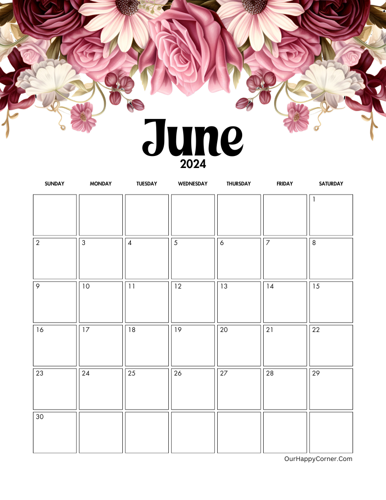 Floral June 2024 Calendar Free Printables - Our Happy Corner