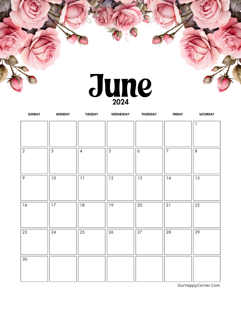 Floral June 2024 Calendar Free Printables - Our Happy Corner