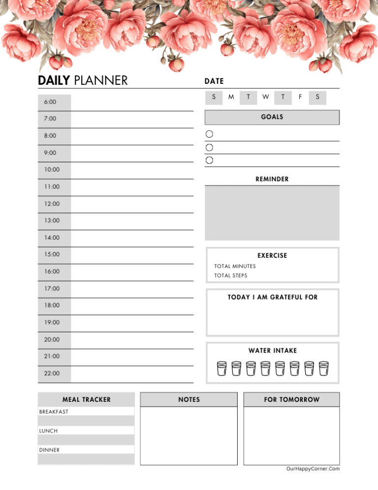 Floral Daily Planner Free Printable - Our Happy Corner