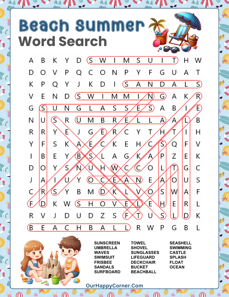 Answer key for Beach Word Search