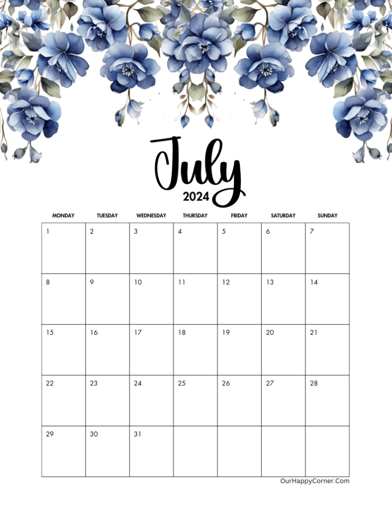 July 2024 Calendar Free Printables - Our Happy Corner