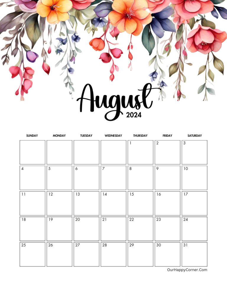 August 2024 Calendar Free Printables - Our Happy Corner