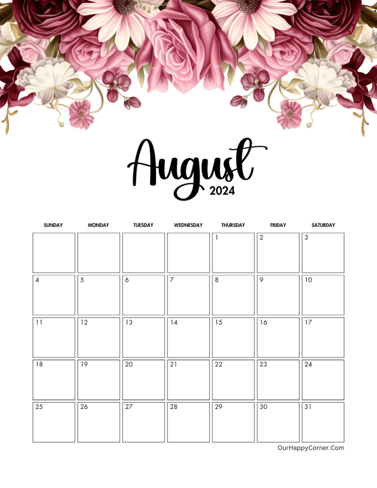 August 2024 Calendar Free Printables - Our Happy Corner