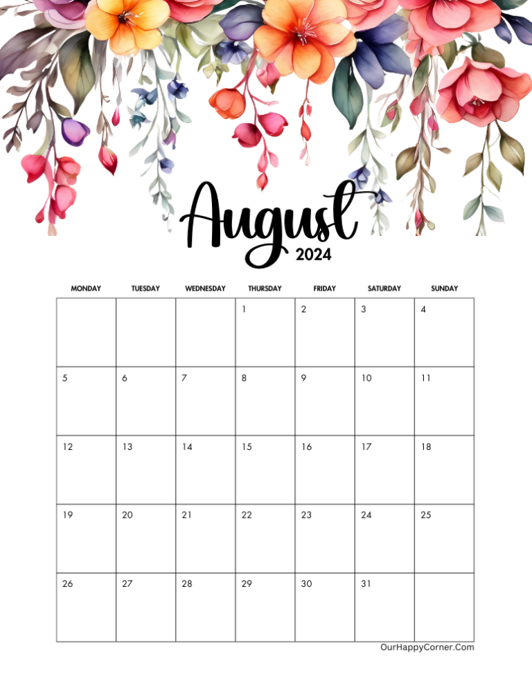 August 2024 Calendar Free Printables - Our Happy Corner