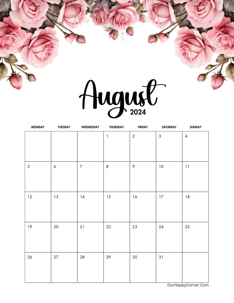 August 2024 Calendar Free Printables - Our Happy Corner