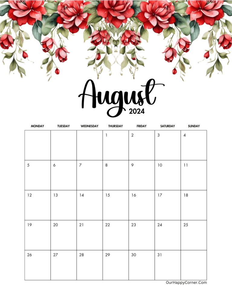 August 2024 Calendar Free Printables - Our Happy Corner