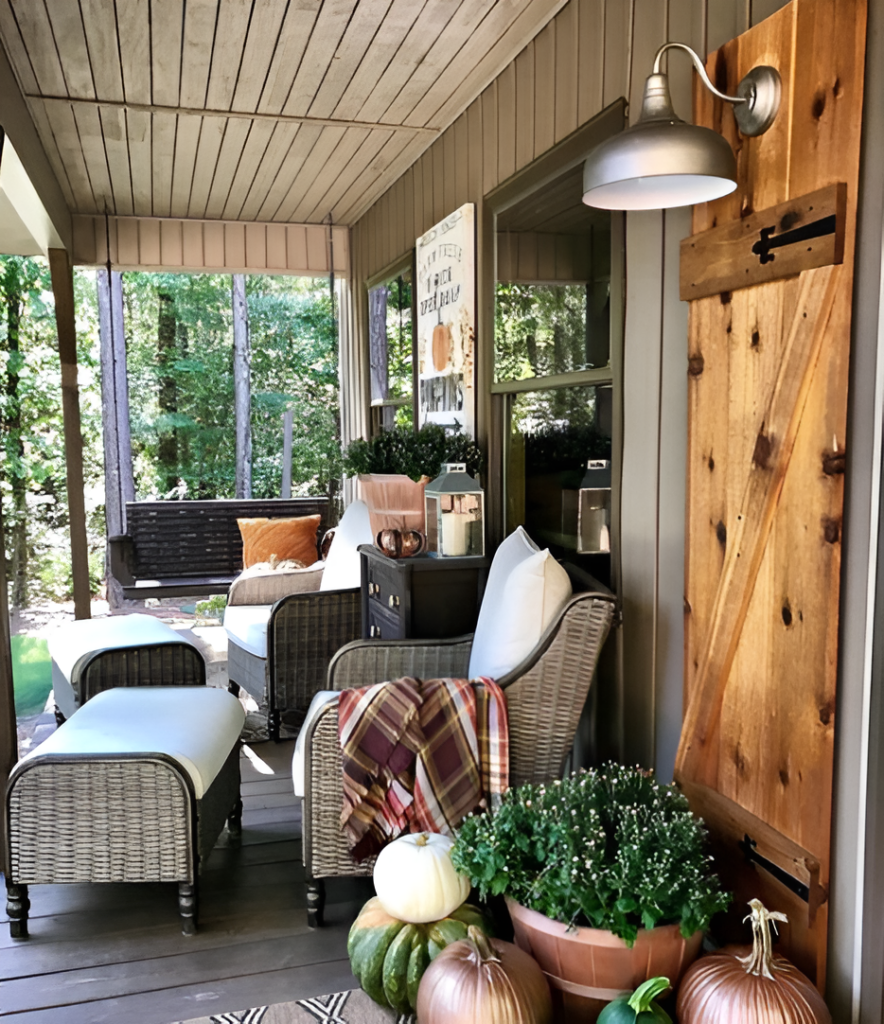 Covered porch with comfortable seating, fall decor, and wooden accents.