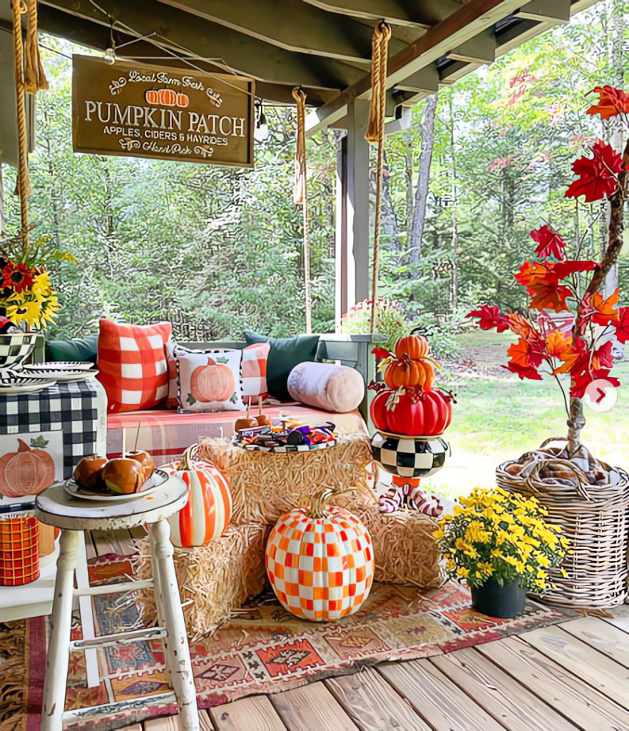 A porch decorated as a miniature pumpkin patch with fall decor and seating.