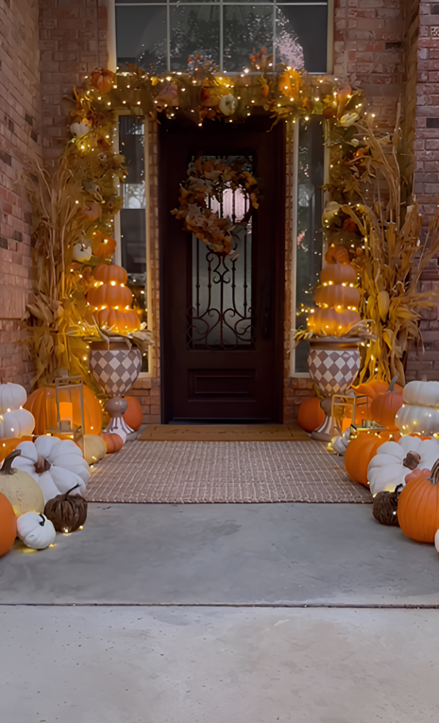 Front door decorated with autumn-themed lights, pumpkins, and foliage.