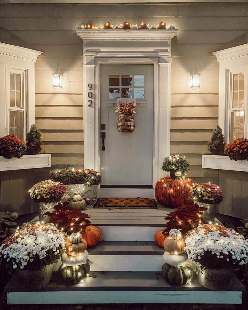 Front door with illuminated pumpkins and floral arrangements on steps.