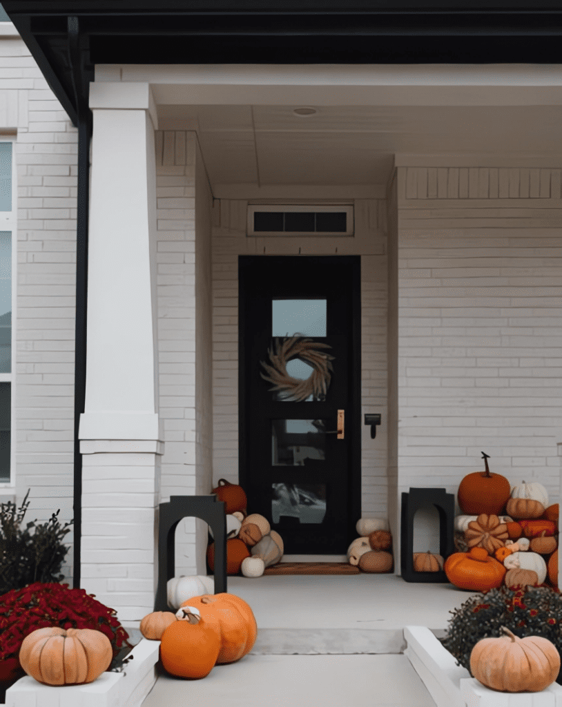 Front porch decorated with numerous pumpkins, mums, and a black door with wreath