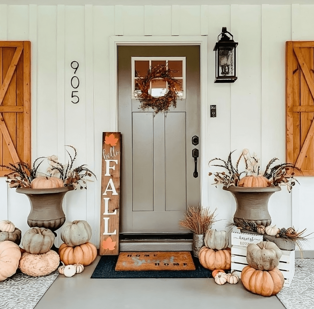 Grey front door with fall wreath, flanked by potted mums and pumpkins, with wooden accents