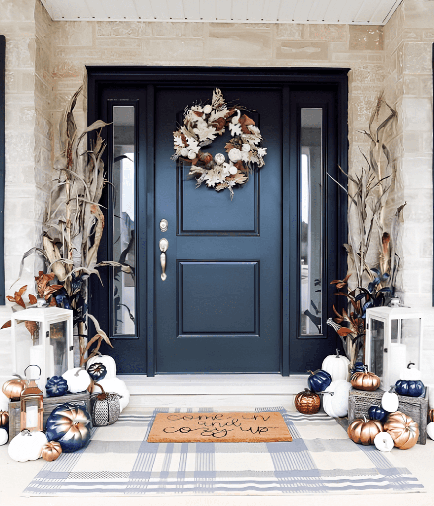 Navy blue front door with white trim, decorated with autumn wreath and surrounded by metallic pumpkins and lanterns.