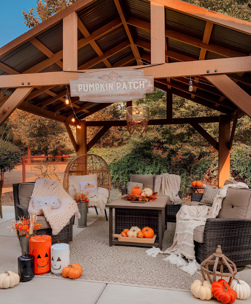 Outdoor patio with wooden pergola, comfortable seating, and autumn-themed decorations including pumpkins and throw pillows.