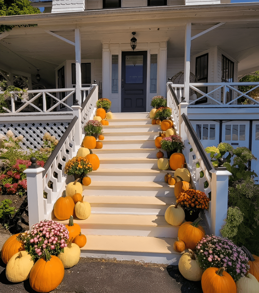 A grand staircase adorned with pumpkins and autumn flowers, leading up to a classic white porch.