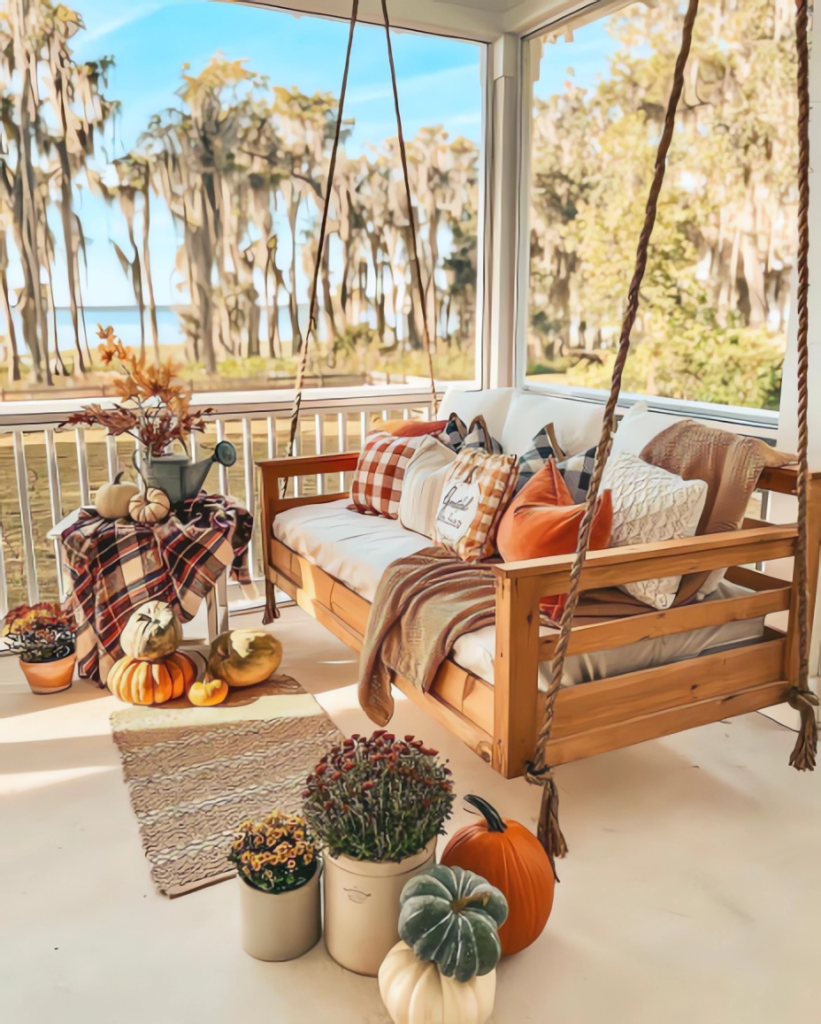 Screened porch with hanging swing bed, fall pillows, and view of trees with Spanish moss.